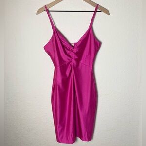 Love J Pink Fuchsia Satin Mini V Neck Dress